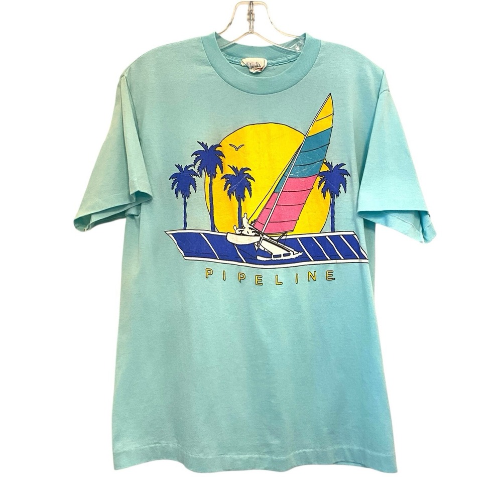 VTG Pipeline Beach USA T-Shirt Thin Blue 80s Surf Single Stitch L Fit Small Fade